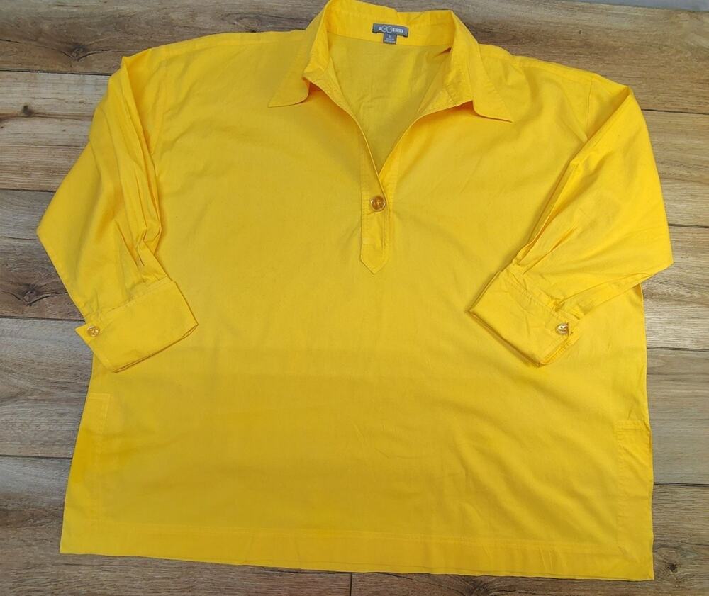 GO SILK Blouse XL Yellow Washable Silk Button Up Top Lagenlook Quiet Luxury Shir
